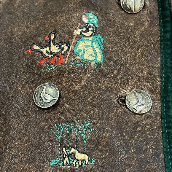 Vintage 70s German Trachten Embroidered Leather Jacket Size 46 Echts Leder Brown - Picture 5 of 13